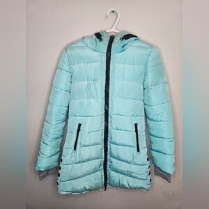 Meimei Winter Jacket. Green/ blue. Measurements in pictures